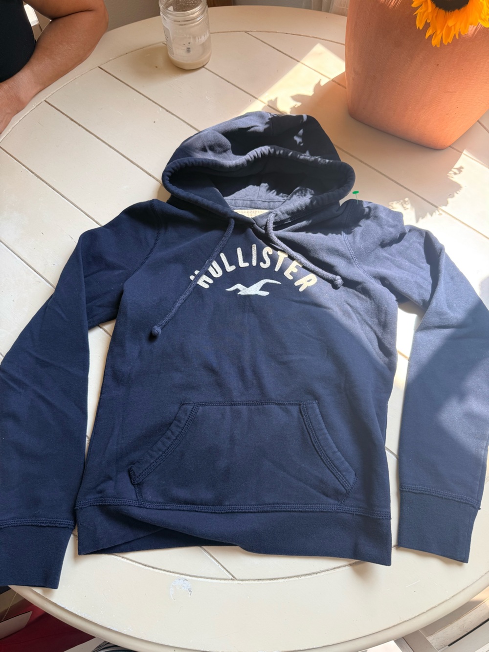 Hollister Navy Blue Pullover Hoodie with White Logo